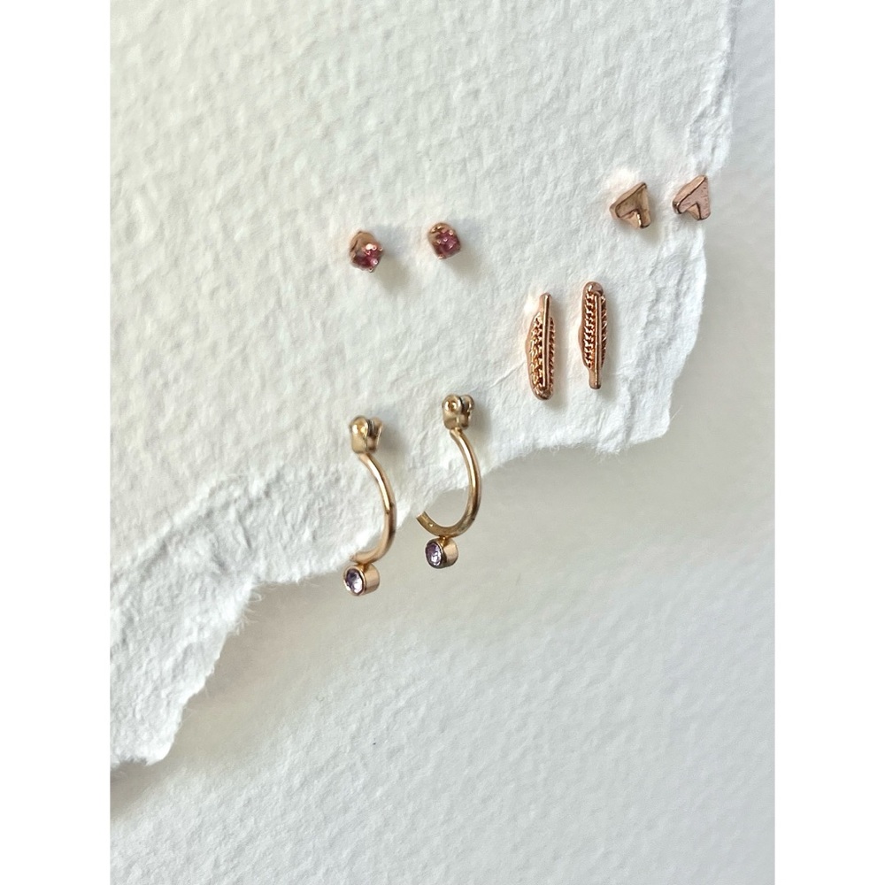 Rose Gold Feather Crystal Earring Set